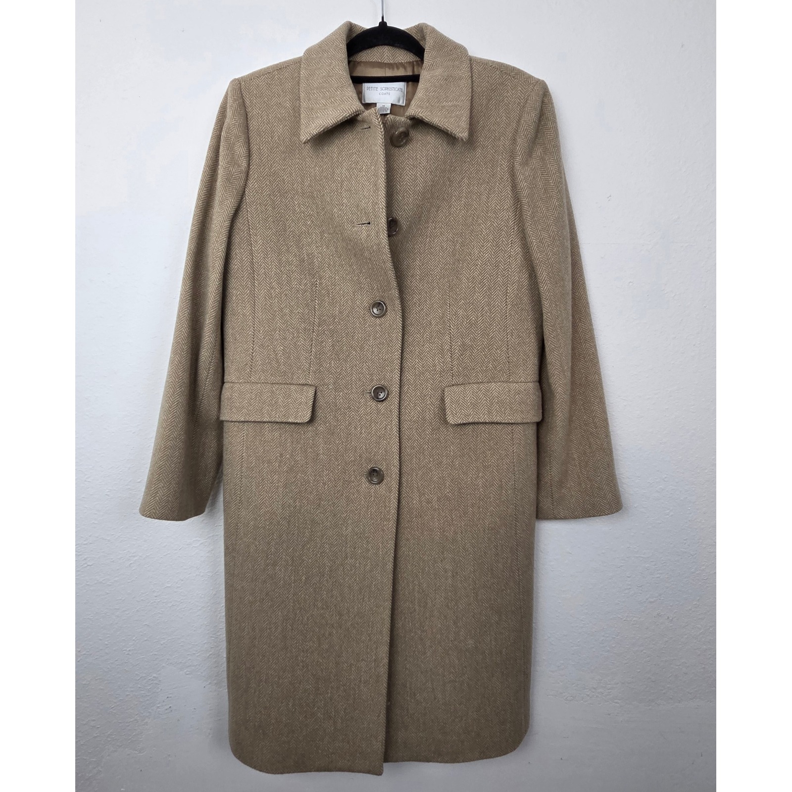 Petite Sophisticate Women's Herringbone Wool Blend Coat Tan Button Front M
